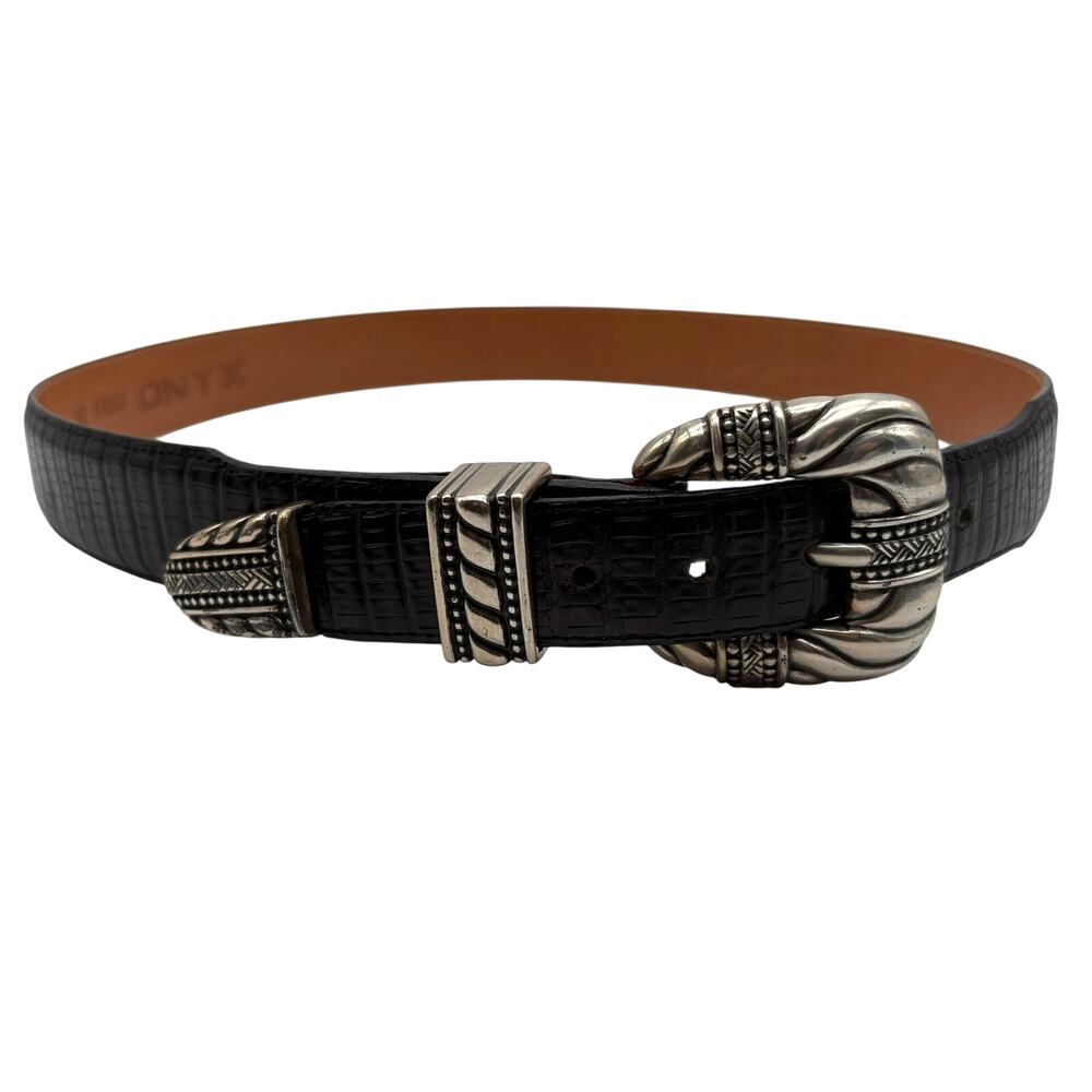 Vintage 90s Onyx Croc Embossed Western Leather Belt Black Silver Tone Size 32